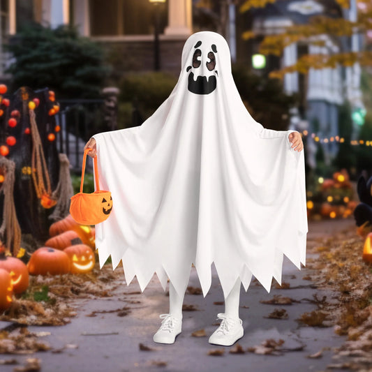 Syncfun White Ghost Costumes for Kids, Smile Ghost Costume with Pumpkin Basket for Halloween Spooky Trick-or-Treating Role Playing Cosplay 3-7 Years