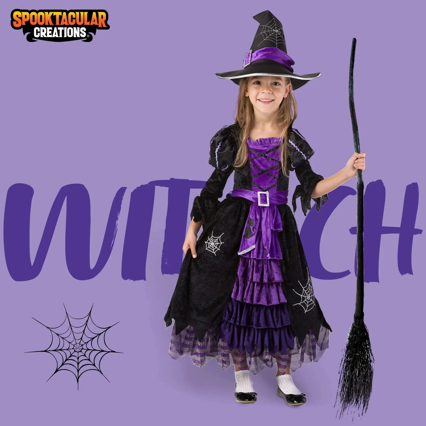 Syncfun Witch Costume Set for Girls, Halloween Fancy-Dress with Broom Hat for Toddler Kids Halloween Party Dress Up 3-14 Years