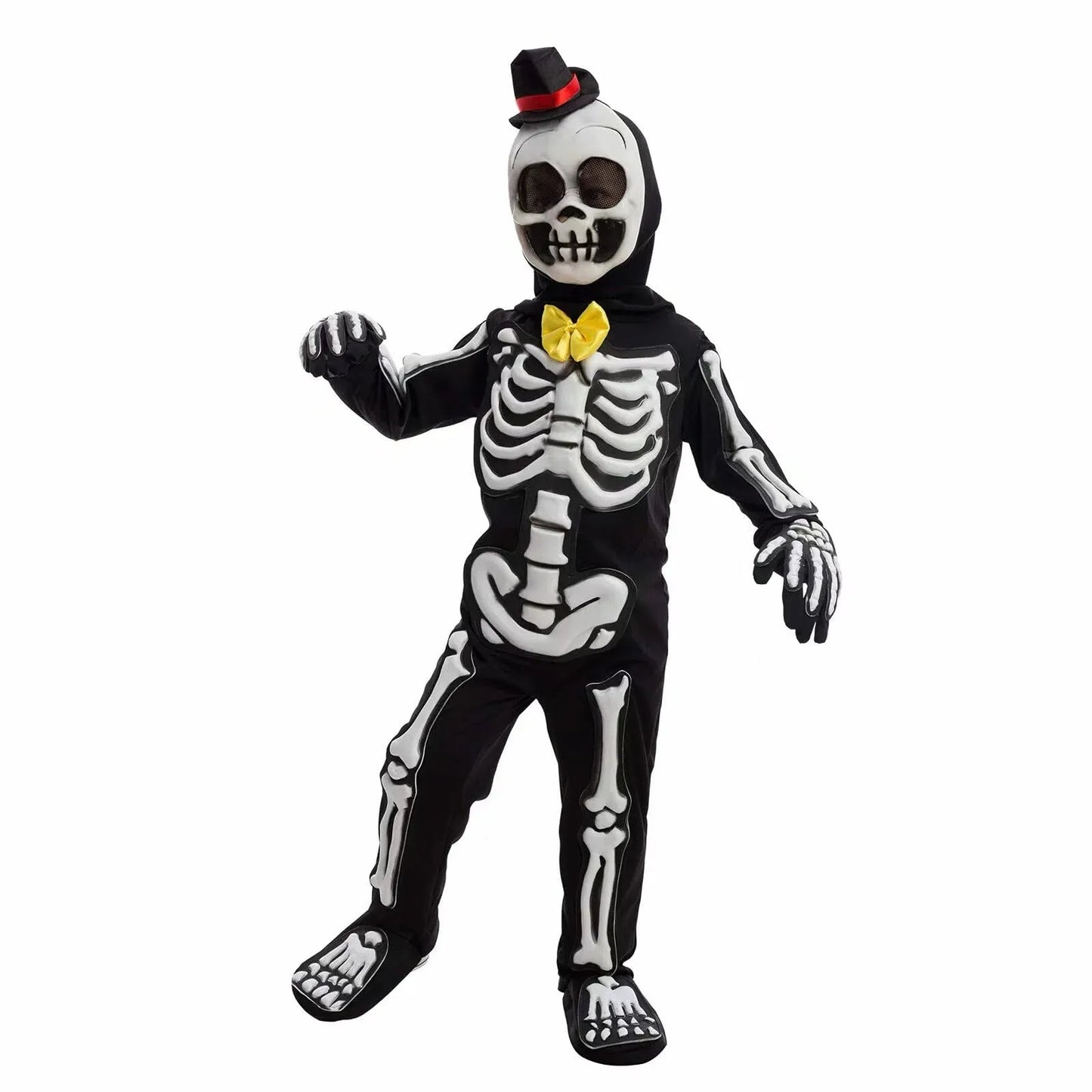 Syncfun Glows in the Dark Skeleton Costume for Kids, Black Skelebones Jumpsuit, Bone Halloween Costume Dress up