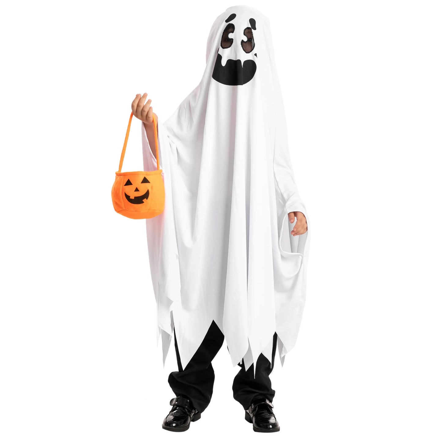 Syncfun White Ghost Costumes for Kids, Smile Ghost Costume with Pumpkin Basket for Halloween Spooky Trick-or-Treating Role Playing Cosplay 3-7 Years