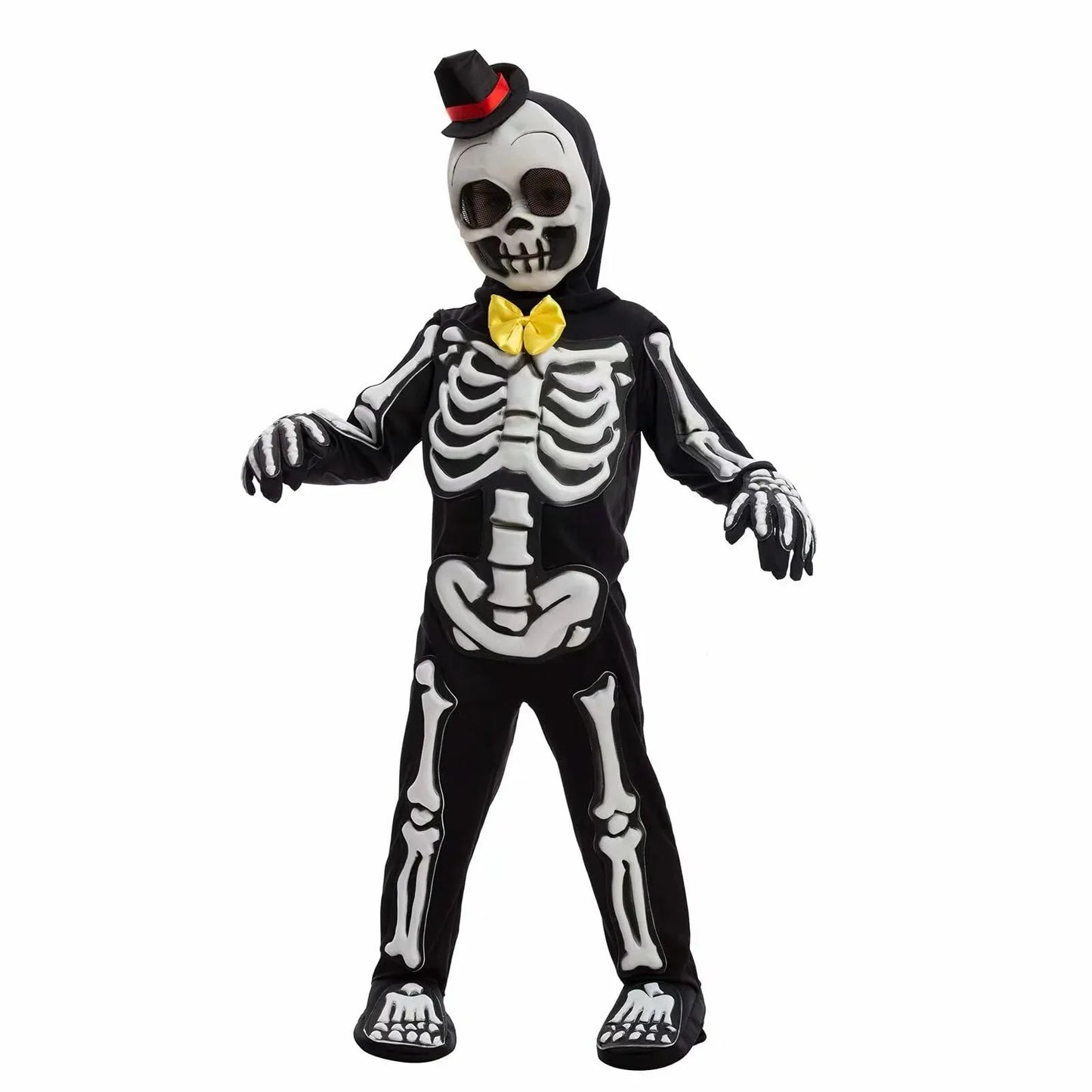 Syncfun Glows in the Dark Skeleton Costume for Kids, Black Skelebones Jumpsuit, Bone Halloween Costume Dress up