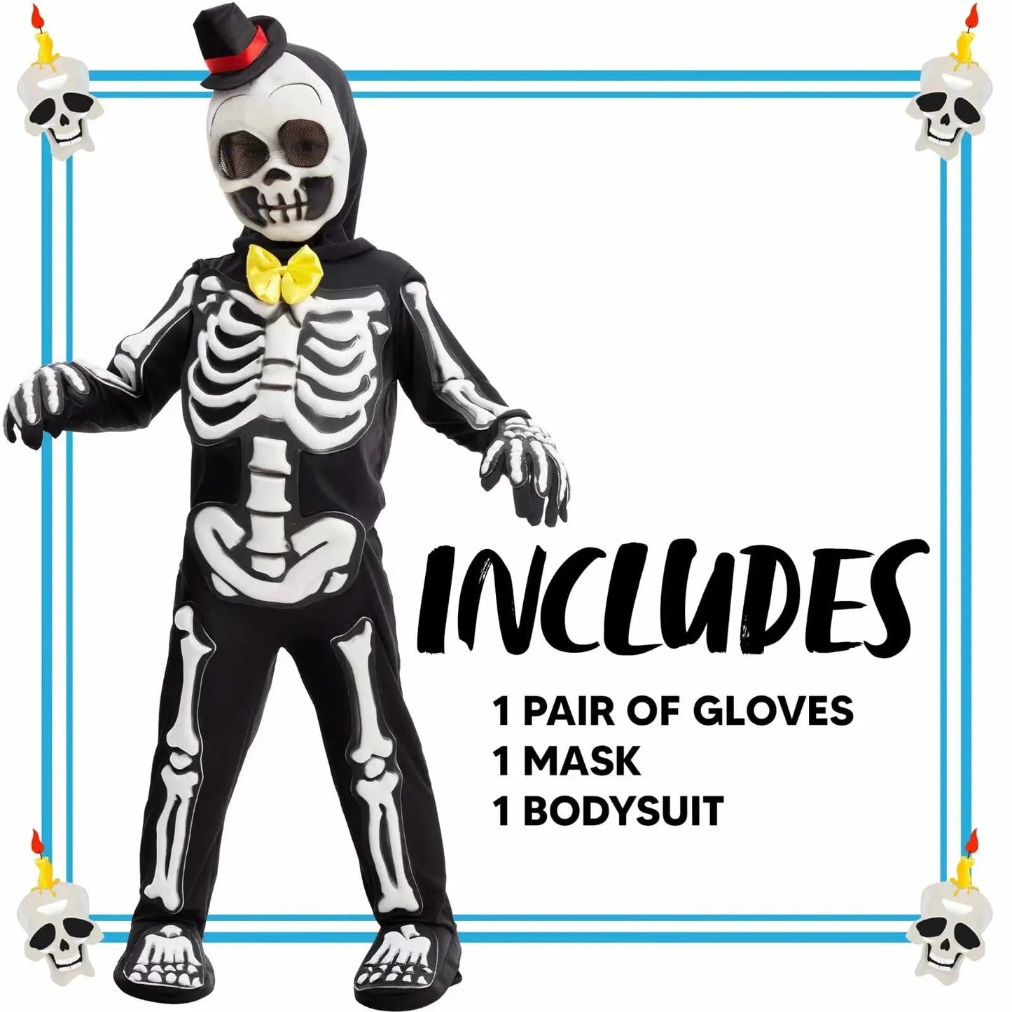 Syncfun Glows in the Dark Skeleton Costume for Kids, Black Skelebones Jumpsuit, Bone Halloween Costume Dress up