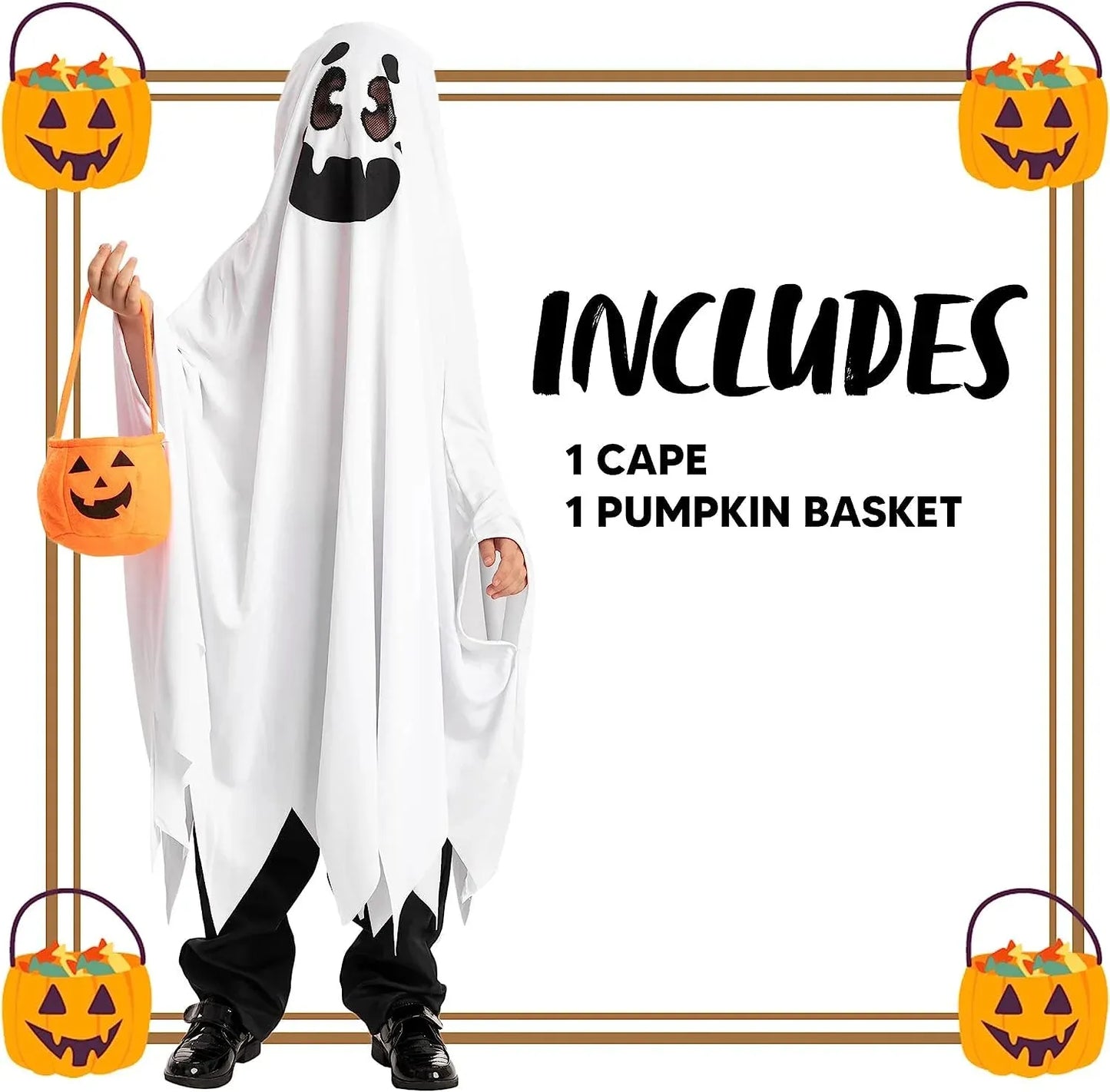 Syncfun White Ghost Costumes for Kids, Smile Ghost Costume with Pumpkin Basket for Halloween Spooky Trick-or-Treating Role Playing Cosplay 3-7 Years