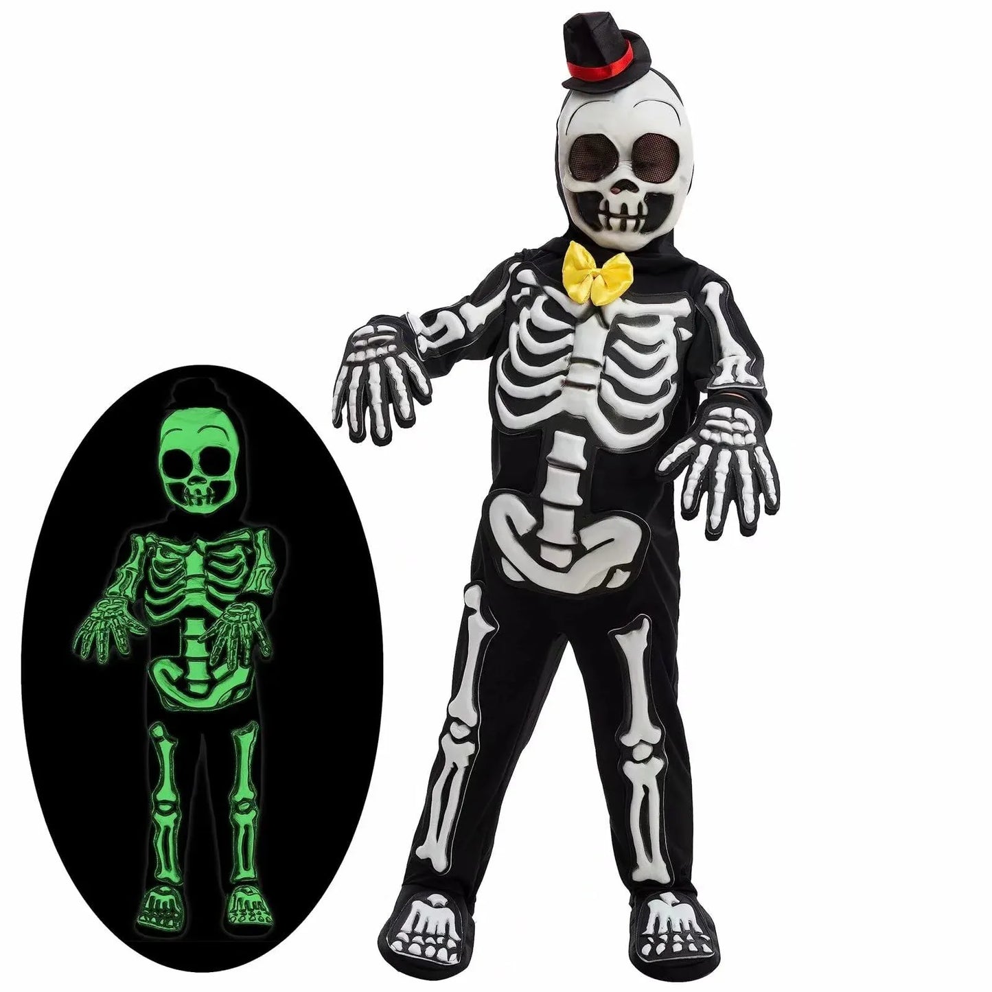 Syncfun Glows in the Dark Skeleton Costume for Kids, Black Skelebones Jumpsuit, Bone Halloween Costume Dress up