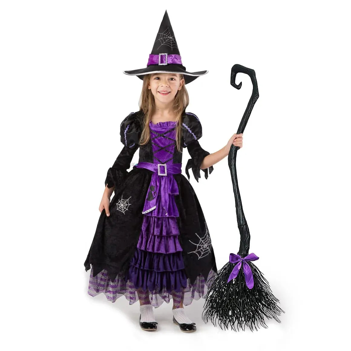 Syncfun Witch Costume Set for Girls, Halloween Fancy-Dress with Broom Hat for Toddler Kids Halloween Party Dress Up 3-14 Years