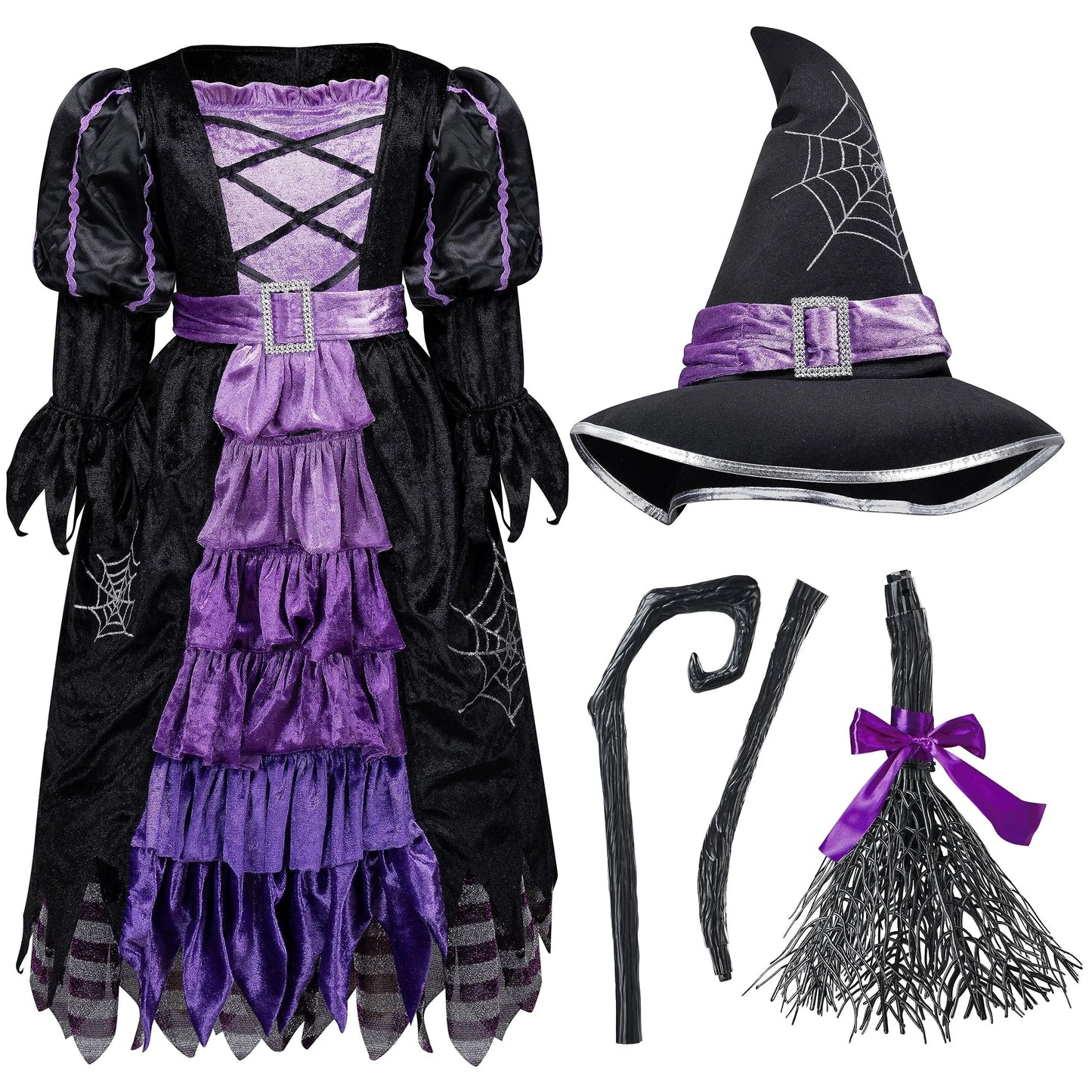 Syncfun Witch Costume Set for Girls, Halloween Fancy-Dress with Broom Hat for Toddler Kids Halloween Party Dress Up 3-14 Years