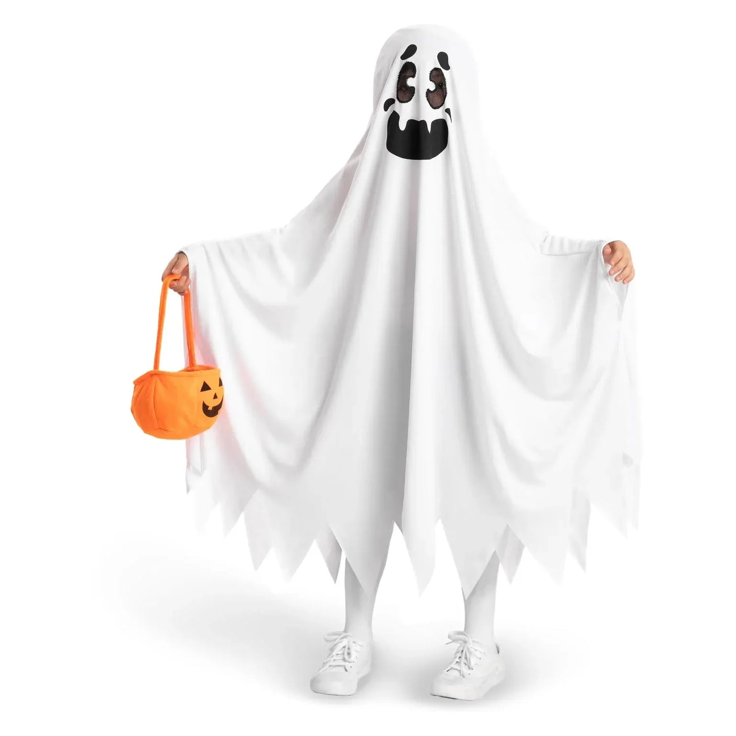 Syncfun White Ghost Costumes for Kids, Smile Ghost Costume with Pumpkin Basket for Halloween Spooky Trick-or-Treating Role Playing Cosplay 3-7 Years