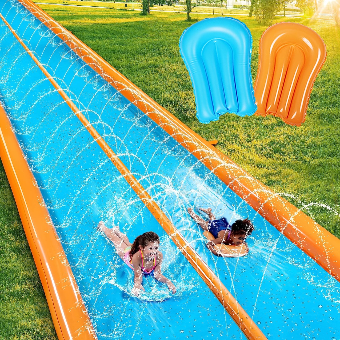 25ft x 7ft Double Water Slide for Adult Kids, Heavy Duty Lawn Water Slide with Sprinkler and 2 Slip Inflatable Boards for Summer Yard Lawn Outdoor Water Play Activities