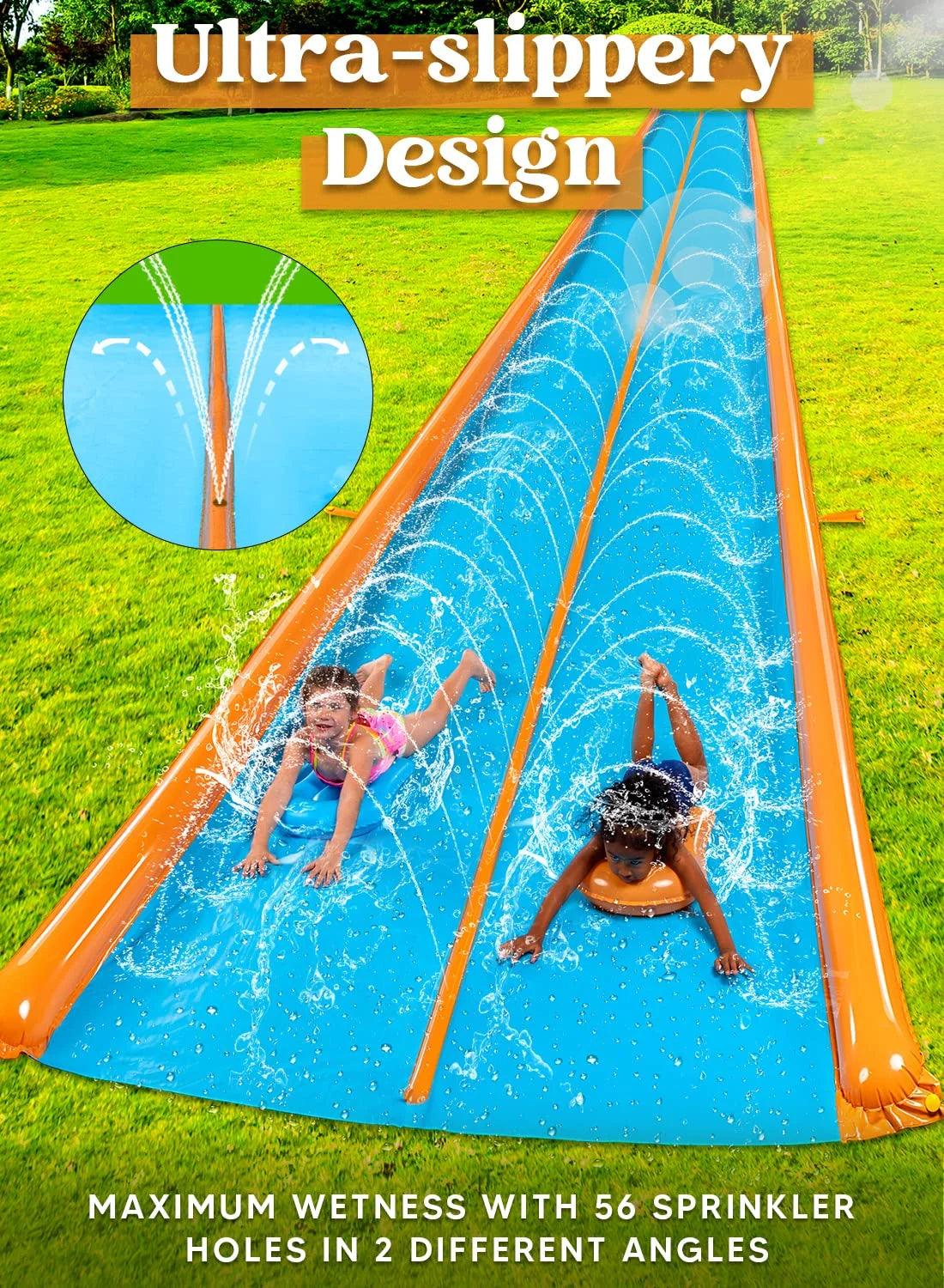 25ft x 7ft Double Water Slide for Adult Kids, Heavy Duty Lawn Water Slide with Sprinkler and 2 Slip Inflatable Boards for Summer Yard Lawn Outdoor Water Play Activities