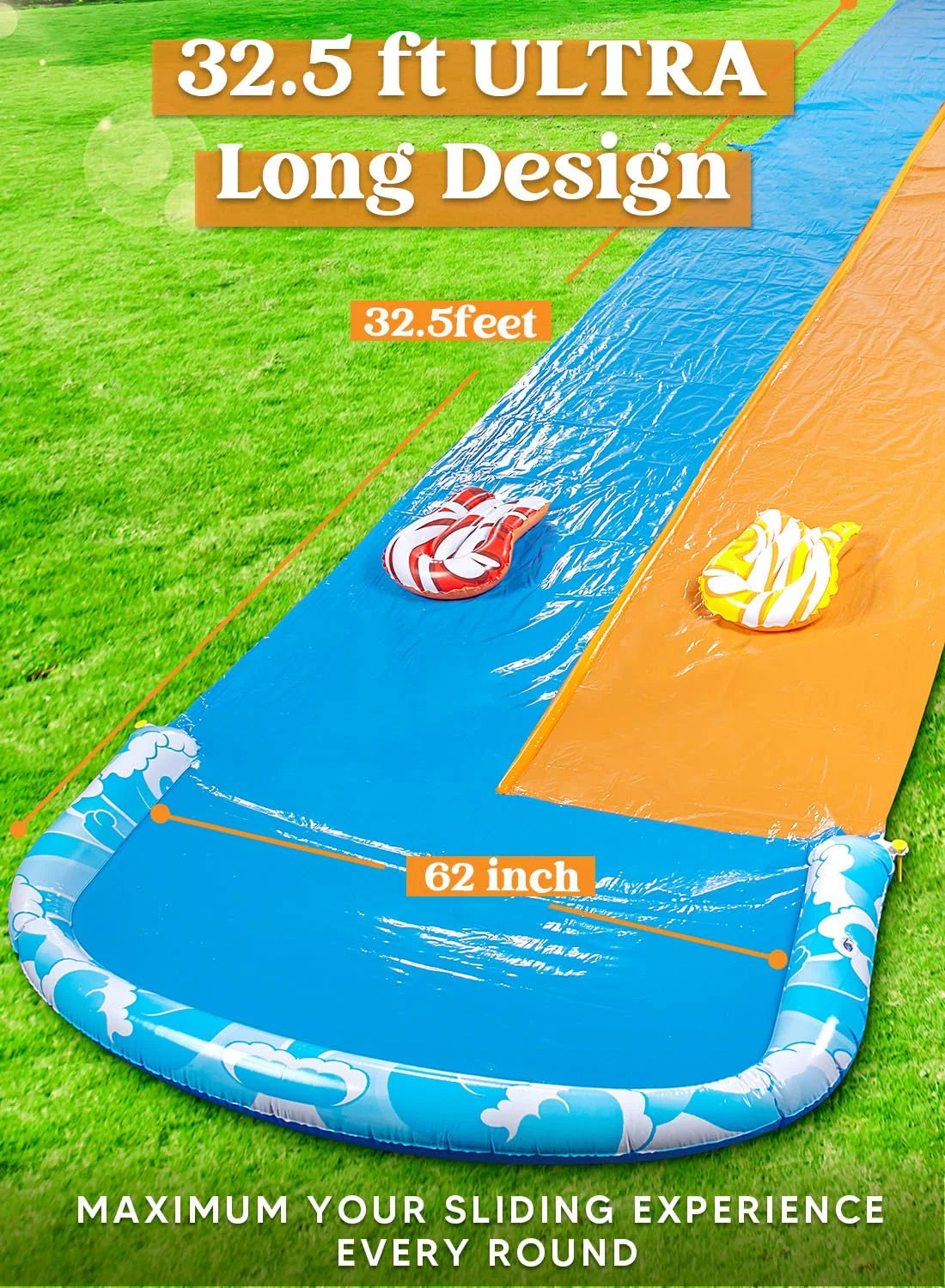 32.5ft Extra Long Water Slide and 2 Inflatable Boards, Heavy Duty Lawn Water Slides 2 Waterslide Slip with Sprinkler for Kids Adults