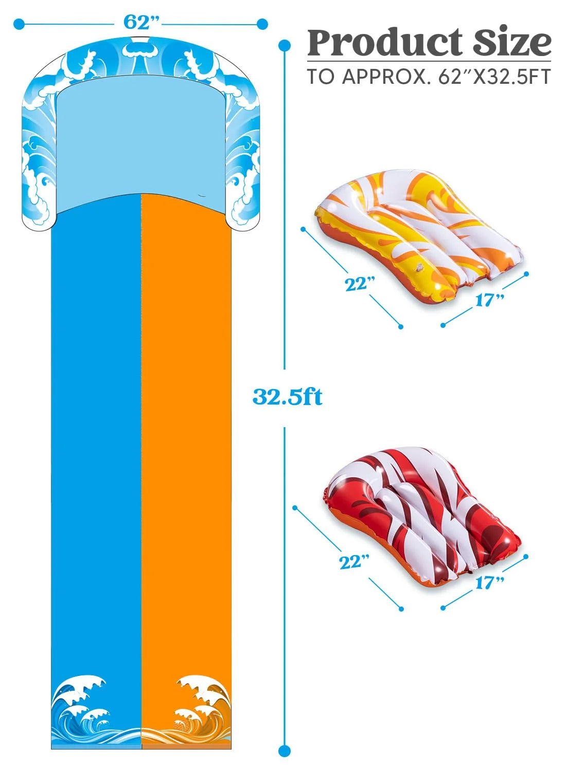 32.5ft Extra Long Water Slide and 2 Inflatable Boards, Heavy Duty Lawn Water Slides 2 Waterslide Slip with Sprinkler for Kids Adults