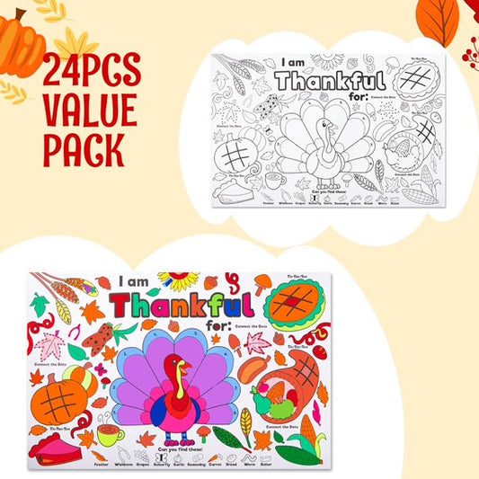Joyfy 24 Pcs Thanksgiving Coloring Placemats, Thanksgiving Turkey Coloring Paper Table Mats, Thanksgiving Make Your Own Art & Craft Kit for Kids School Activities Party Decoration(No pigment)
