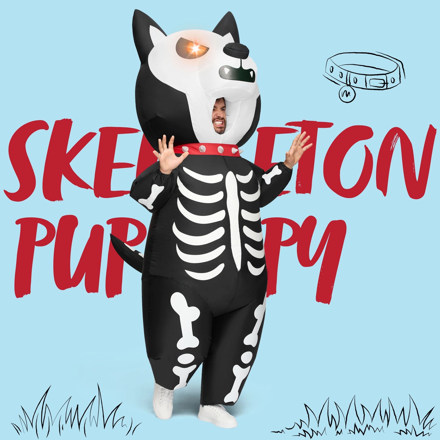 Joyfy Adult Inflatable Costume,  Light Up Eyes Skull Puppy Inflatable Costume, Full Body Inflatable Dog Costume for Halloween Costume Role Play Theme Party